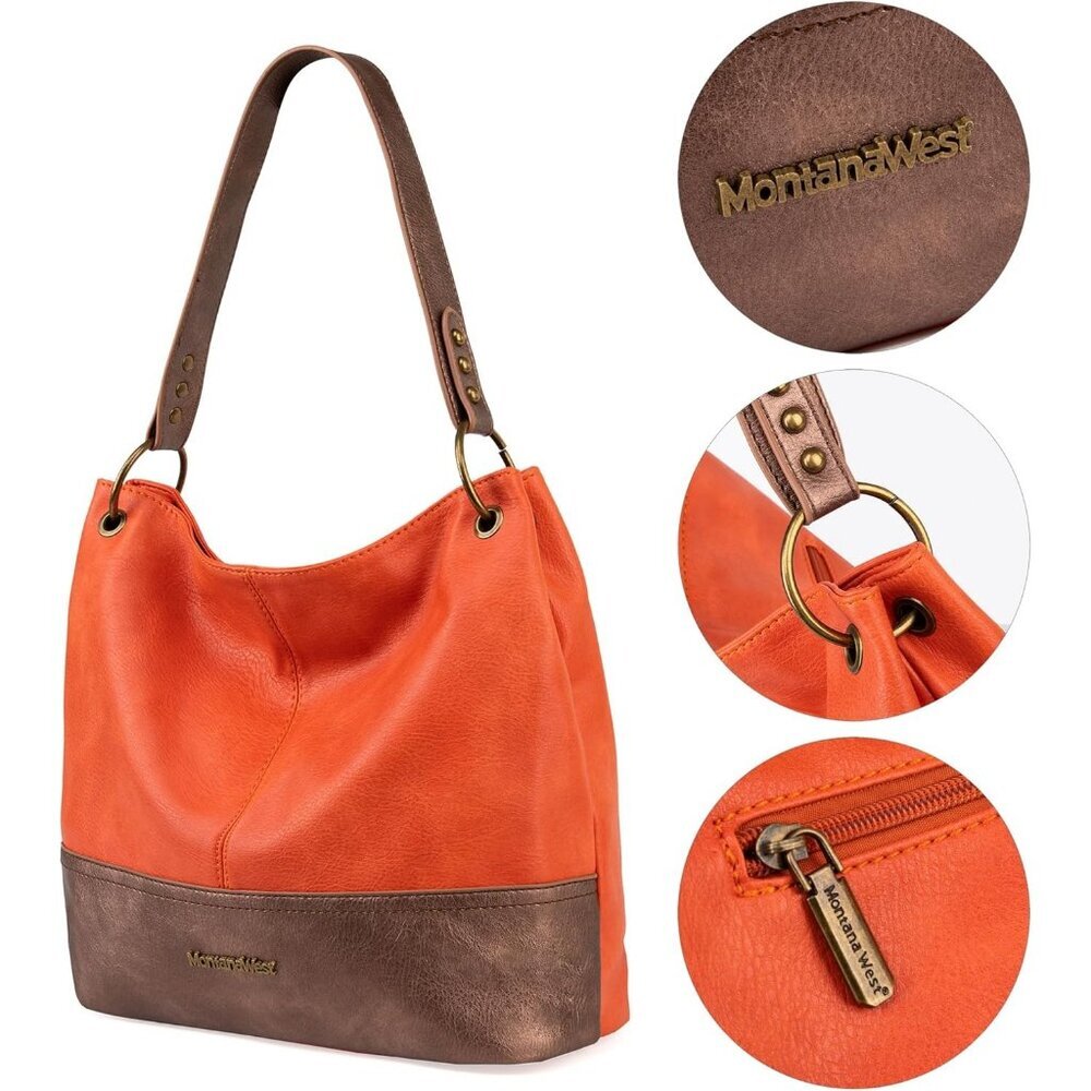 Women A-orange/Broze Imported Zipper Ladies Shoulder Handbags with Back Pocket - Picture 4 of 6